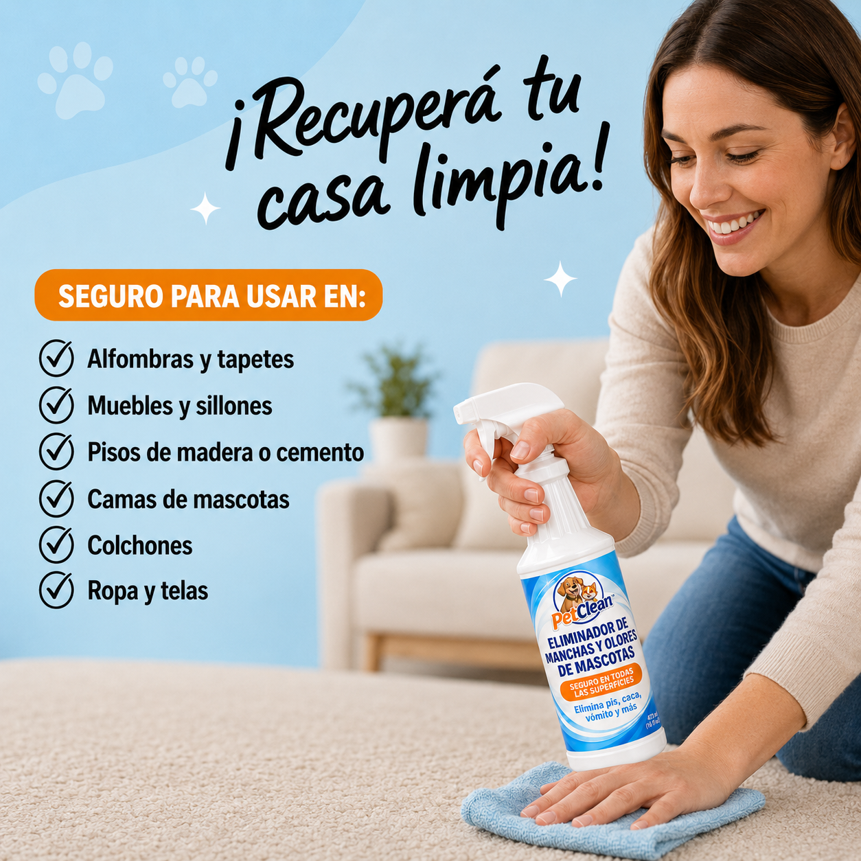 PetClean | Elimina manchas y olores de mascotas de raíz en cualquier superfice.