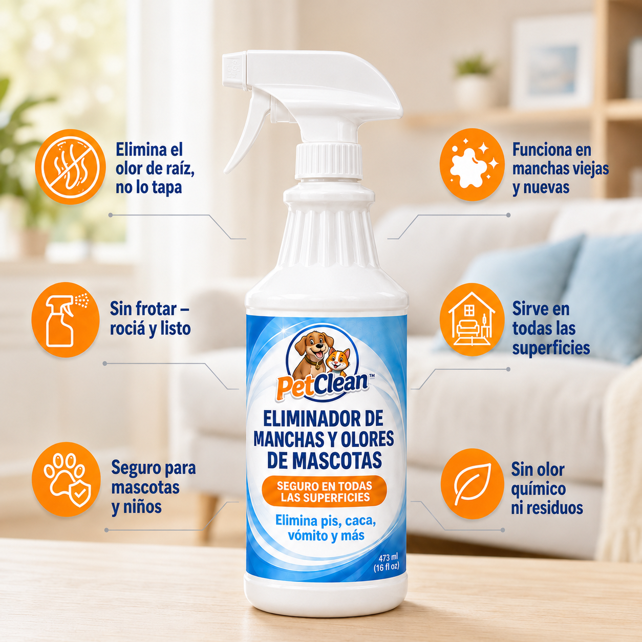 PetClean | Elimina manchas y olores de mascotas de raíz en cualquier superfice.